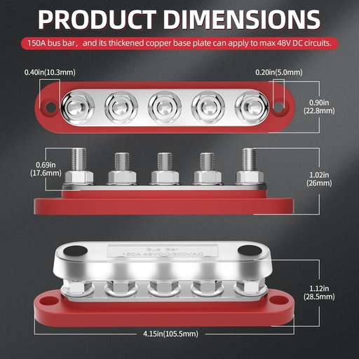 BusBar 5 conexiones 150A M6 Rojo